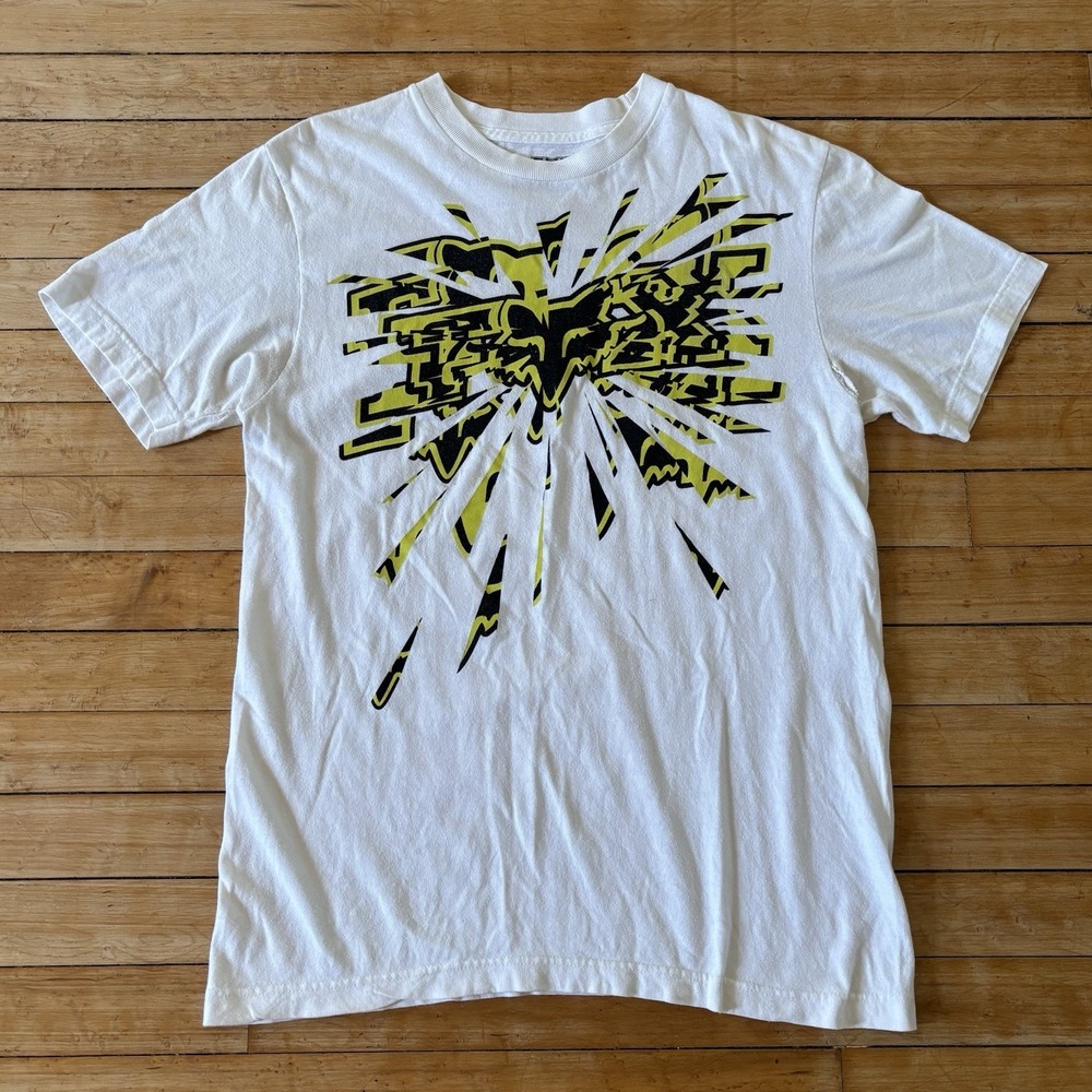VTG Fox Racing T-Shirt Size M Moto Biker Grunge y2k Skater White Yellow